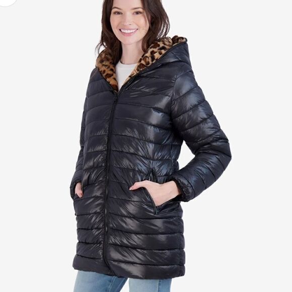 Jessica Simpson Women's Leopard Fur Reversible Puffer - Picture 1 of 12